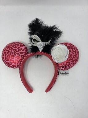Disneyland Paris Pink Leopard Minnie Mouse Ears Feather Plume Rose Headband
